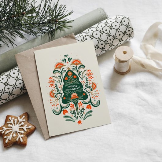 Noordse kerstboom met Scandinavische sierplanten Feestdagenkaart