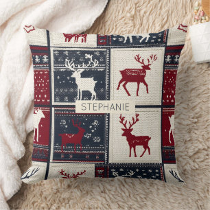 noordse kerstpatchwork gebreid rendier kussen