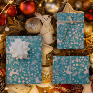 Noordse Rendier Bloem Blush op Teal Kerst P Inpakpapier Vel