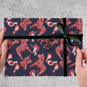 Noordse Scandi Patroon Folk Dala Paard Kerstmis Cadeaupapier