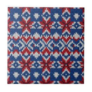 Noordse Sneeuwvlok Breipatroon - Marine, Rood, Wit Tegeltje