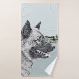 Noors Elkhound bij Village Painting - Dog Art Bad Handdoek
