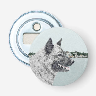 Noors Elkhound bij Village Painting - Dog Art Button Flesopener