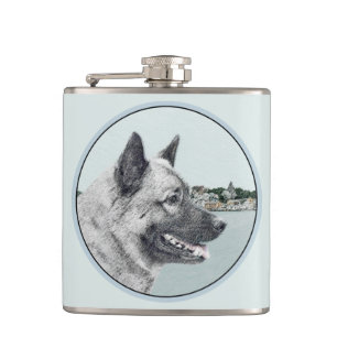 Noors Elkhound bij Village Painting - Dog Art Heupfles