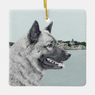 Noors Elkhound bij Village Painting - Dog Art Keramisch Ornament