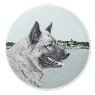 Noors Elkhound bij Village Painting - Dog Art Keramische Knop