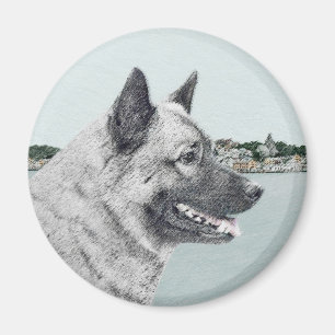 Noors Elkhound bij Village Painting - Dog Art Magneet