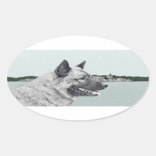 Noors Elkhound bij Village Painting - Dog Art Ovale Sticker