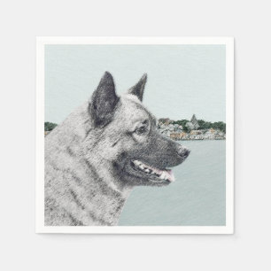 Noors Elkhound bij Village Painting - Dog Art Servet