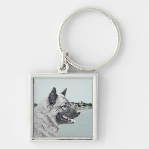 Noors Elkhound bij Village Painting - Dog Art Sleutelhanger