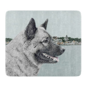 Noors Elkhound bij Village Painting - Dog Art Snijplank