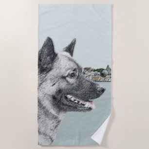 Noors Elkhound bij Village Painting - Dog Art Strandlaken