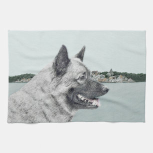 Noors Elkhound bij Village Painting - Dog Art Theedoek