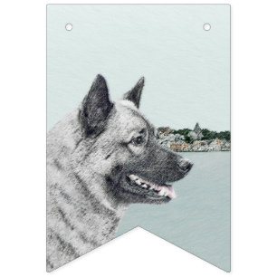 Noors Elkhound bij Village Painting - Dog Art Vlaggetjes