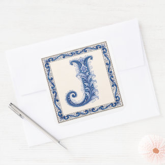 Noors Erfgoed J Monogram - Blauw Vierkante Sticker