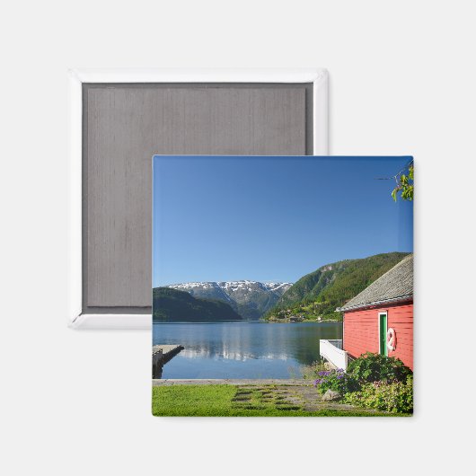 Noors fjord uitzicht en boothuis magneet (Voorkant / Achterkant)