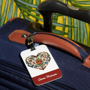 Noors Rosemaling Folk Art Heart gepersonaliseerd Bagagelabel