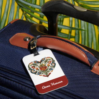 Noors Rosemaling Folk Art Heart gepersonaliseerd Bagagelabel
