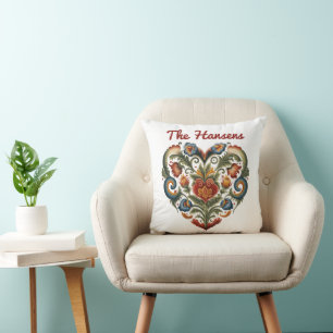 Noors Rosemaling Folk Art Heart gepersonaliseerd Kussen