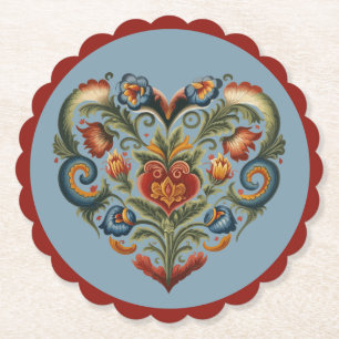 Noors Rosemaling Folk Art Heart Kartonnen Onderzetters