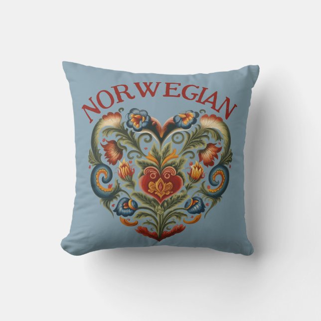 Noors Rosemaling Folk Art Heart Kussen (Voorkant)