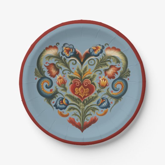Noors Rosemaling Folk Art Heart Papieren Bordje (Voorkant)