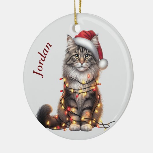 Noorse boskat verpakt in kerstverlichting keramisch ornament (Links)