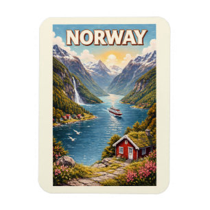 Noorse Fjord Illustratie Reis Kunst Vintage Magneet