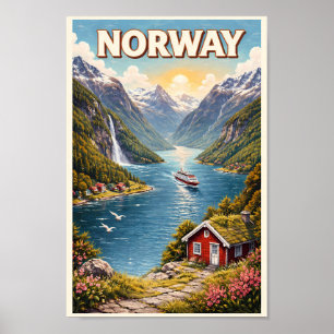 Noorse Fjord Illustratie Reis Kunst Vintage Poster