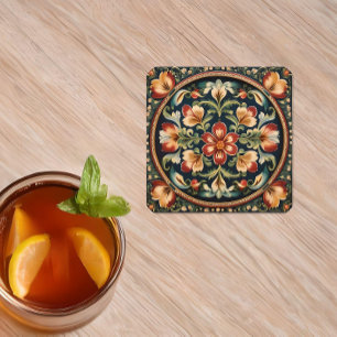 Noorse rozemarijn decoratieve volkskunst vierkante kartonnen onderzetter