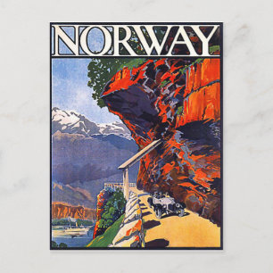 Noorwegen, oldtimer auto op de bergweg briefkaart
