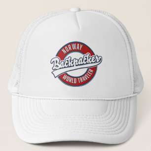 Noorwegen rugzakker wereldreiziger logo. trucker pet