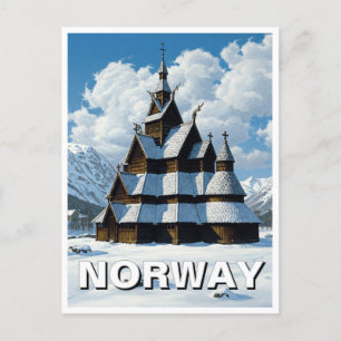 Noorwegen Stave Church Winterreizen Briefkaart