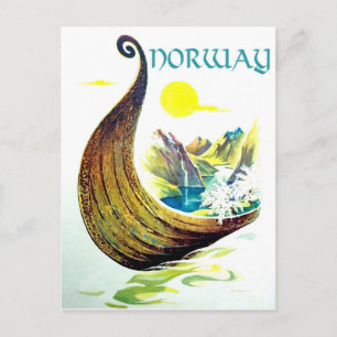 Noorwegen, Vikingschip in fjorden, vintage reis Briefkaart