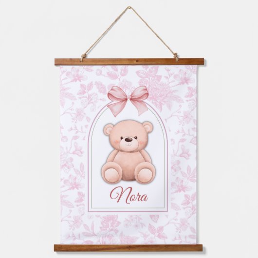 Nora | Aangepaste Roze Teddybeer Nursery Design Hangend Wandkleed (Voorkant)
