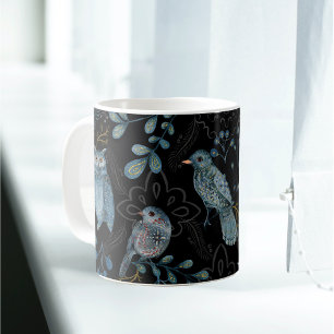 Nordic Blue Bird Owl Floral Koffiemok