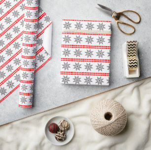 Nordic Christmas sneeuwvlok patroon grijs rood wit Cadeaupapier