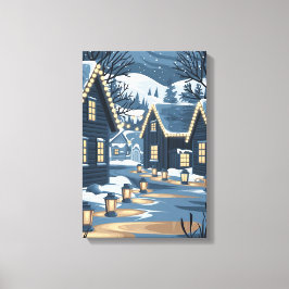 Nordic Christmas Village Art Scandinavische winter Canvas Afdruk
