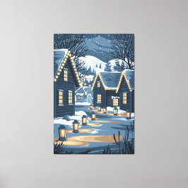 Nordic Christmas Village Art Scandinavische winter Canvas Afdruk