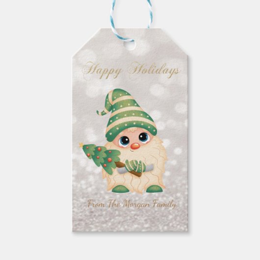Nordic Gnome Pine Tree Glitter Bokeh Cadeaulabel (Voorkant)