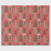 Nordic Green en White Tree Patroon op rood Cadeaupapier (Vlak)