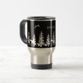 Nordic Hygge met bossilhouettes zwart wit Reisbeker (Voorkant links)