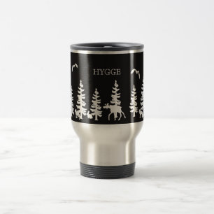 Nordic Hygge met bossilhouettes zwart wit Reisbeker