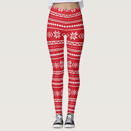 Nordic Knit Fair Isle Sweater Winter Snowflake Red Leggings (Voorkant)