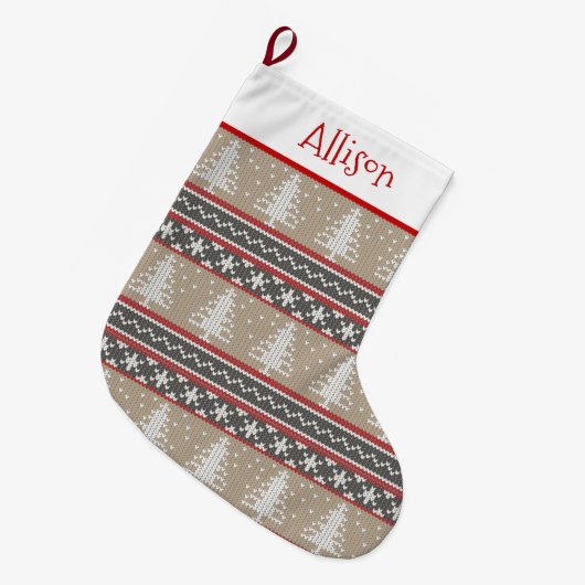 Nordic Knit Kerstpatroon | Geelbruin en Rood Groot Grote Kerstsok (Voorkant (Hangend))