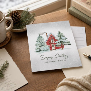 Nordic Red Barn Snowflakes Pine Forest Kerstmis Feestdagenkaart