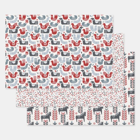 Nordic Red en Blue Winter Pattern Inpakpapier Vel (Set)