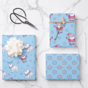 Nordic Santa en Dieren Patroon op Blauw Inpakpapier Vel