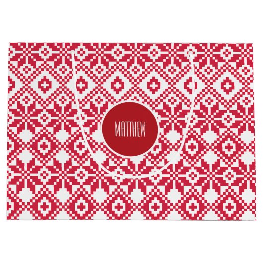 Nordic Snowflake Pattern Custom Name Kersttern Large Cadeauzakje (Voorkant)