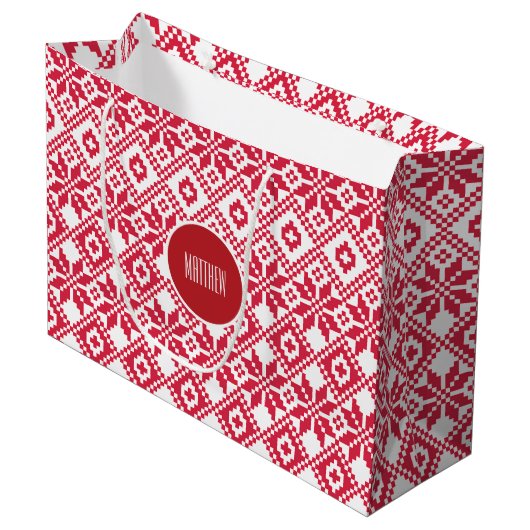 Nordic Snowflake Pattern Custom Name Kersttern Large Cadeauzakje (Voorkant Gekanteld)